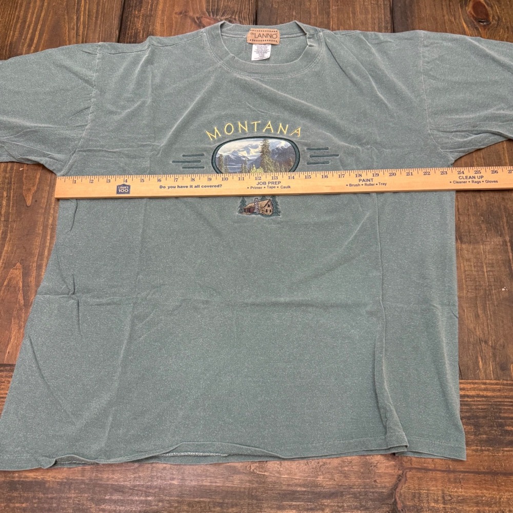 Vintage de LANNO Montana Graphic T-Shirt XL Sage Green Embroidered Cabin Canada - Picture 5 of 6